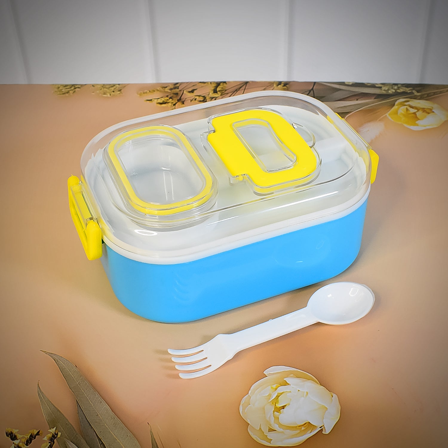 Durable Plastic Lunch Box For Kids With 2 In 1 Spoon Fork (1 Pc)